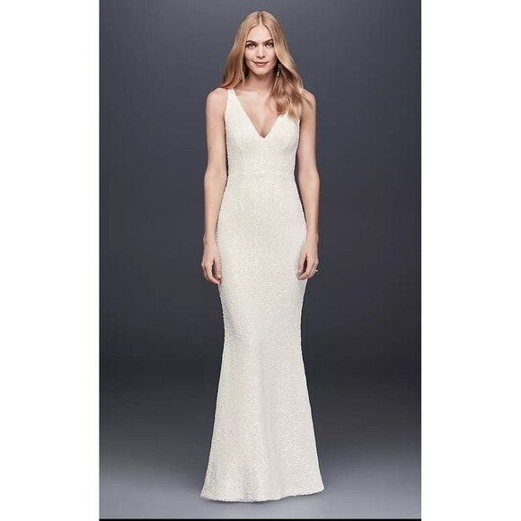 David's Bridal Dresses & Skirts - David Bridal DB STUDIO Allover‎ Sequin V-Neck Fitted Sheath Wedding Dress Gown 4